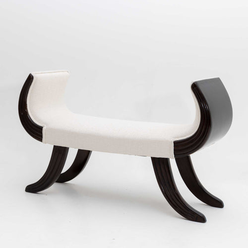 Ebonised Bench with white Bouclé Cover, Italy 1st Half 20th Century