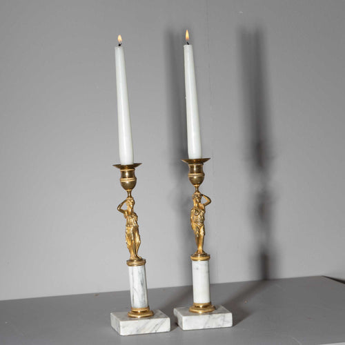 Pair of Candleholders with Karyatids, Bronze & Marble, by Werner & Mieth, Berlin, Early 19th Century