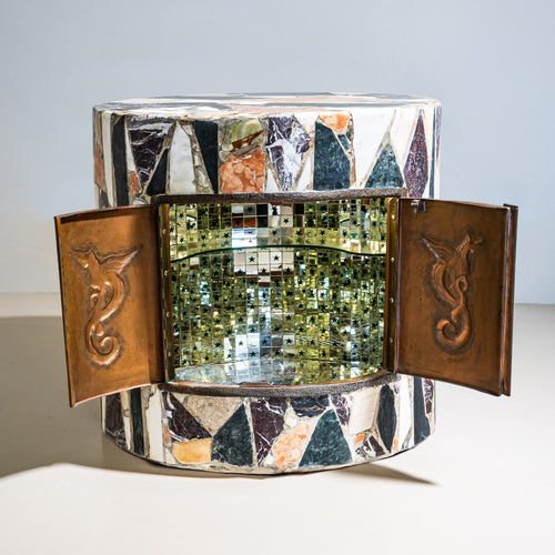 Drum-Shaped Bar in Marble Mosaic, probably Italy, Mid-20th Century
