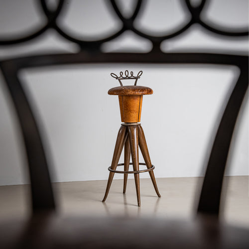 Pair of Leather and Brass Bar Stools, attributed to Bartolucci Arts, Italy, Mid-20th Century