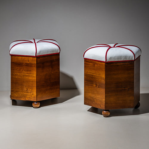 Pair of Hexagonal Art Deco Stools, 1st Half 20th Century