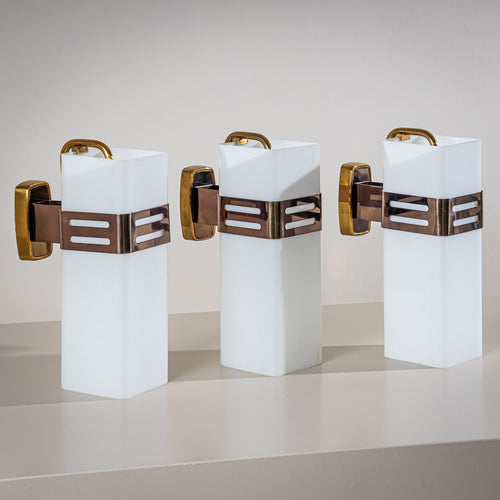 Set of Three Wall Sconces in Opaline Glass and Brass by Stilnovo, Milan, Italy, 1950s