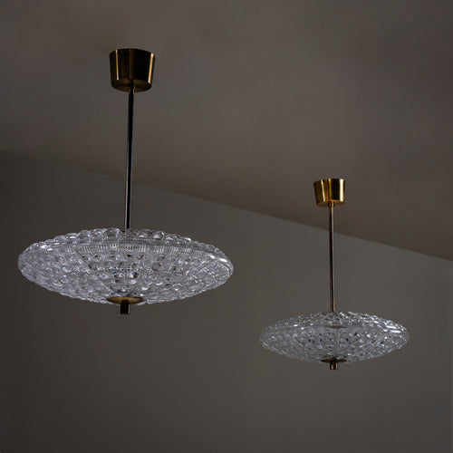 Pair of Pendant Lights in Orrefors Crystal and Brass, attributed to Carl Fagerlund for Lyfa, Sweden/Denmark, 1960s