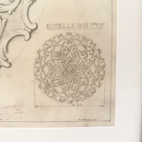 Maison Jansen Original Architectural Detail Pencil Drawing, France 1940s
