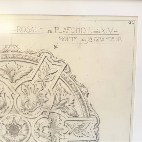 Original Maison Jansen Architectural Detail Pencil Drawing, France 1940s