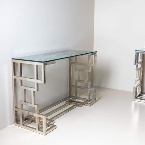 Hollywood Regency Style Metal and Glass Consoles, Probably Italy, 1980s