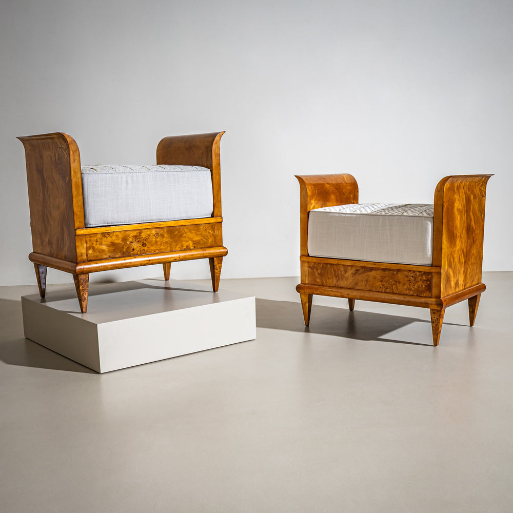 Pair of Art Deco Tabourets in Burled Poplar, 1st Half 20th Century