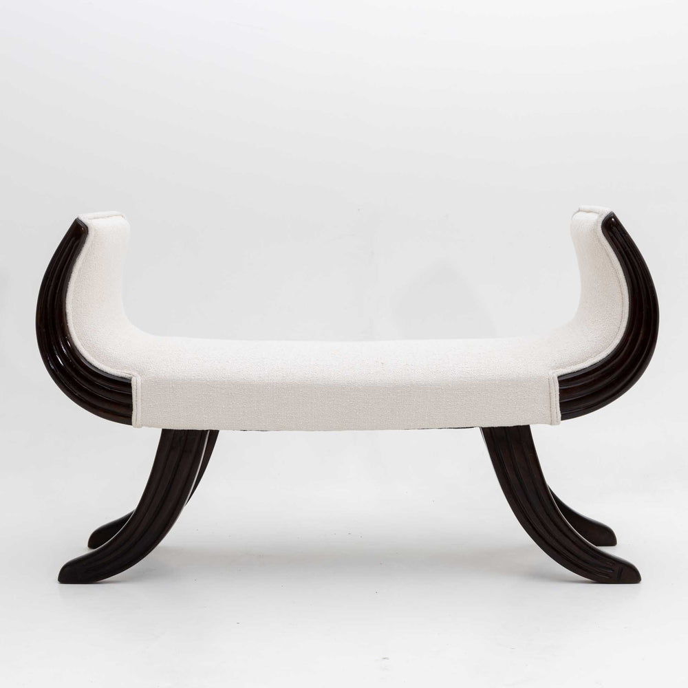 Ebonised Bench with white Bouclé Cover, Italy 1st Half 20th Century