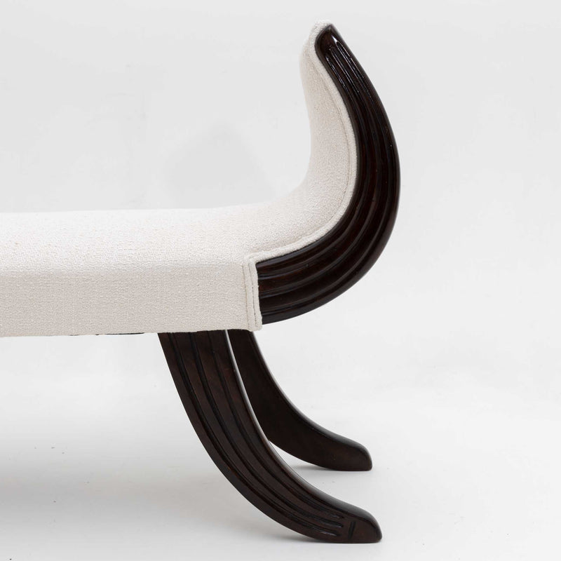Ebonised Bench with white Bouclé Cover, Italy 1st Half 20th Century
