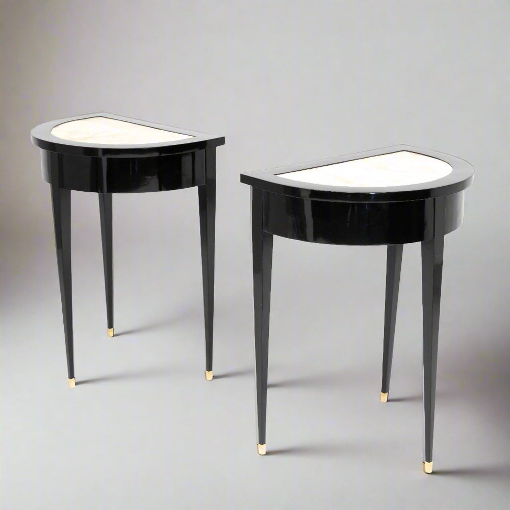 Pair of Ebonized Neoclassical Demi Lune Marble Top Consoles