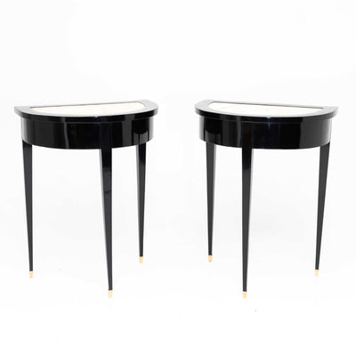 Pair of Ebonized Neoclassical Demi Lune Marble Top Consoles