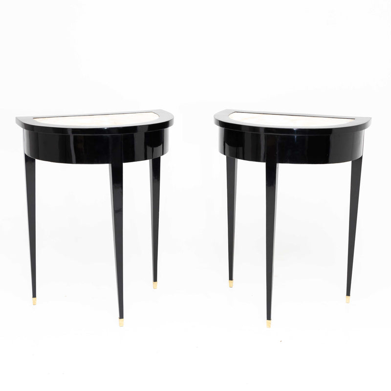 Pair of Ebonized Neoclassical Demi Lune Marble Top Consoles