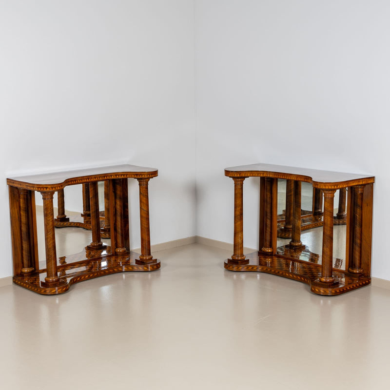 Mid-19th Century Pair of Parquetry Console Tables with Mirrors