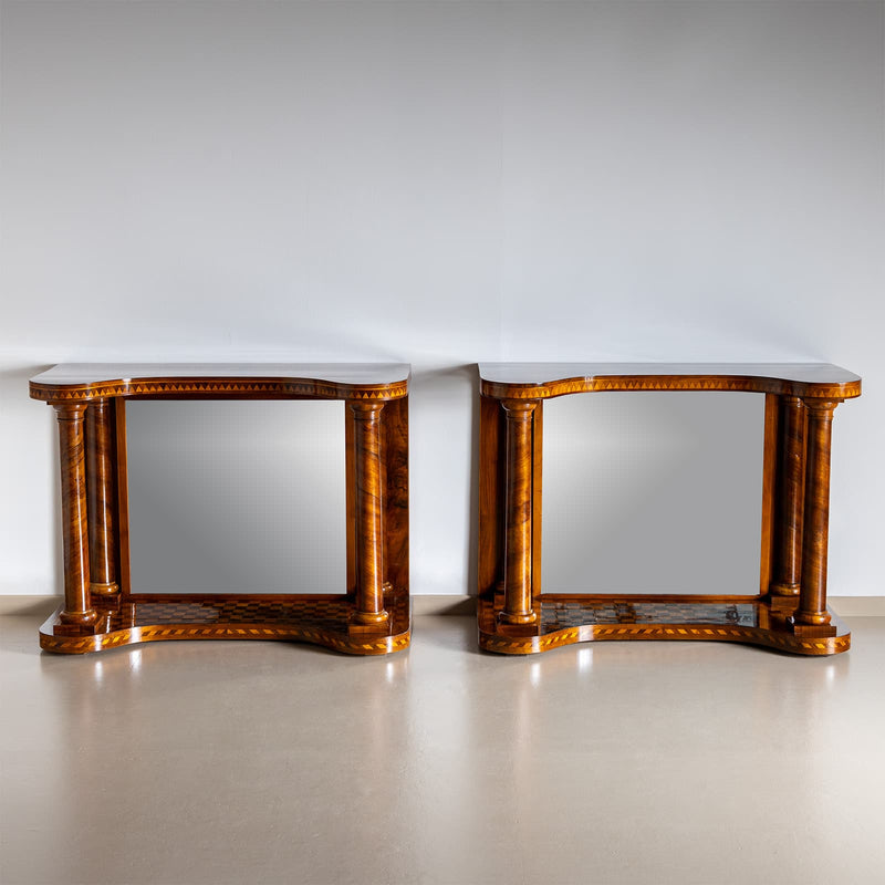 Mid-19th Century Pair of Parquetry Console Tables with Mirrors