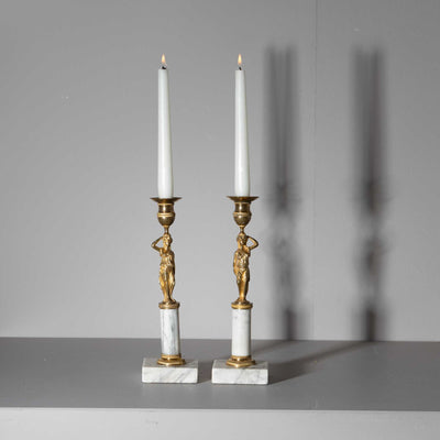 Pair of Candleholders with Karyatids, Bronze & Marble, by Werner & Mieth, Berlin, Early 19th Century