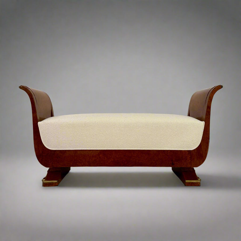 Fine Art Deco Bench in Amboyna with Patinated Bronze Details, France 1930&
