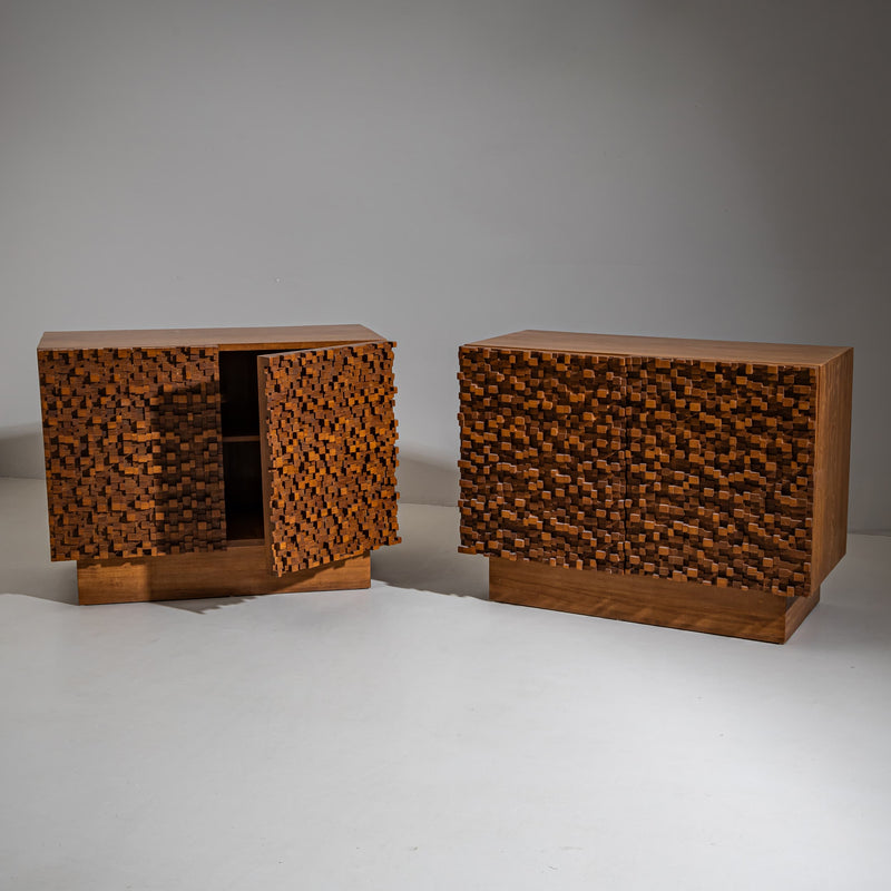 Pair of contemporary Italian Sideboards with Brutalist Surface Design
