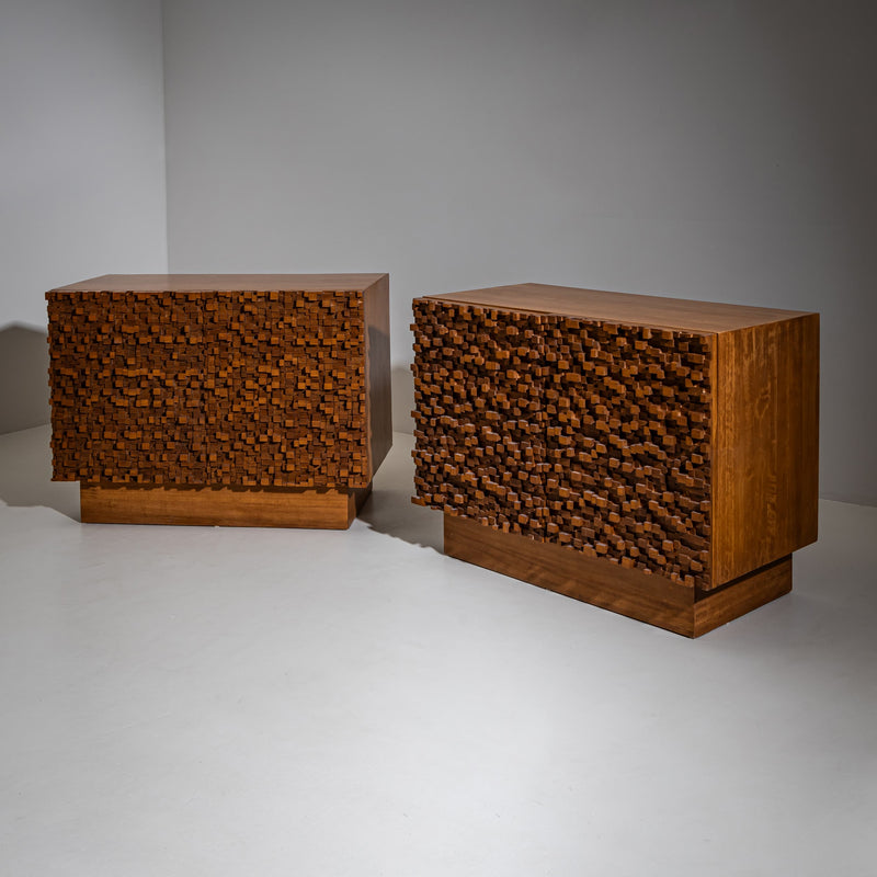 Pair of contemporary Italian Sideboards with Brutalist Surface Design