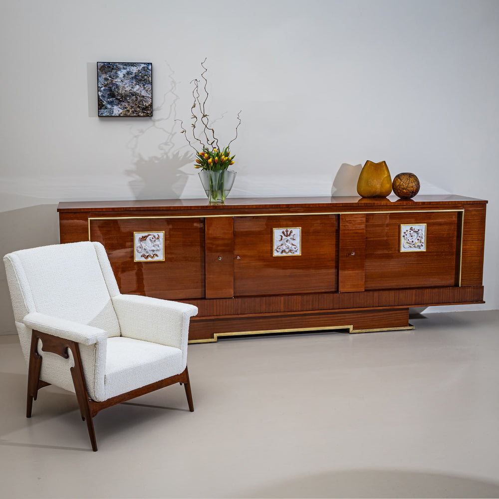 Large Sideboard with Ceramic Panels by Françoise Bizette (1914–1996), probably France, 1940s/1950s