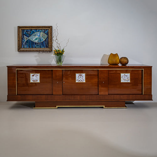 Large Sideboard with Ceramic Panels by Françoise Bizette (1914–1996), probably France, 1940s/1950s