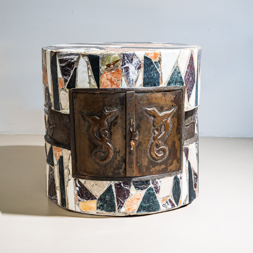 Drum-Shaped Bar in Marble Mosaic, probably Italy, Mid-20th Century