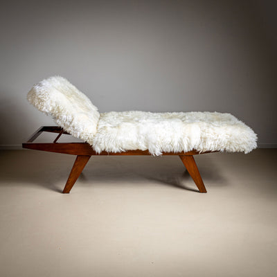 Large Mid-Century Wooden Daybed with Adjustable Headrest and Sheepskin Upholstery