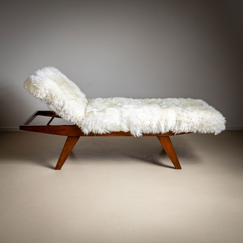 Large Mid-Century Wooden Daybed with Adjustable Headrest and Sheepskin Upholstery