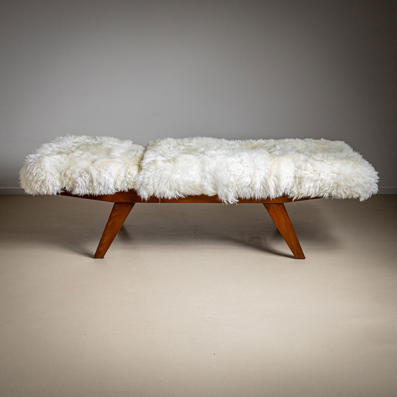 Large Mid-Century Wooden Daybed with Adjustable Headrest and Sheepskin Upholstery