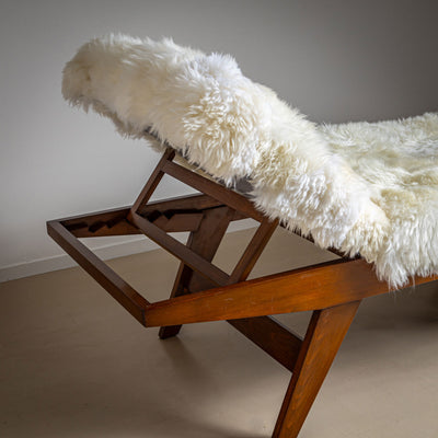 Large Mid-Century Wooden Daybed with Adjustable Headrest and Sheepskin Upholstery