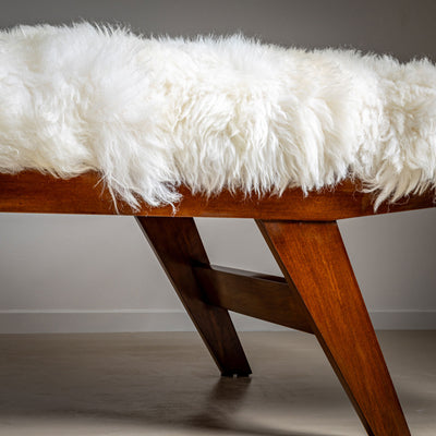 Large Mid-Century Wooden Daybed with Adjustable Headrest and Sheepskin Upholstery