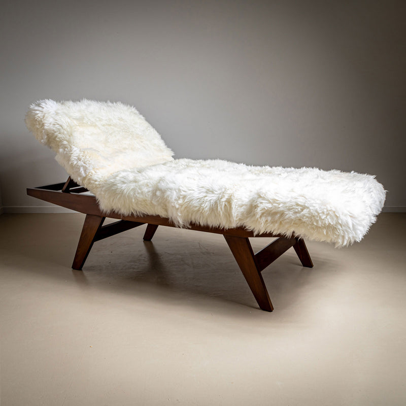 Large Mid-Century Wooden Daybed with Adjustable Headrest and Sheepskin Upholstery