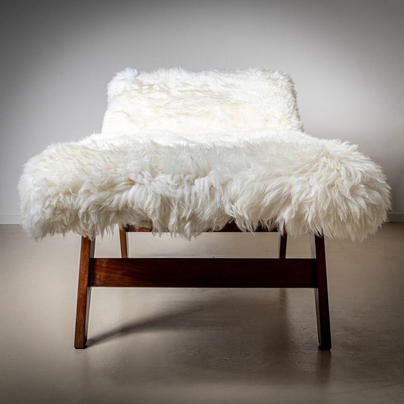 Large Mid-Century Wooden Daybed with Adjustable Headrest and Sheepskin Upholstery