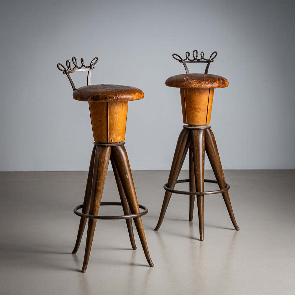 Pair of Leather and Brass Bar Stools, attributed to Bartolucci Arts, Italy, Mid-20th Century