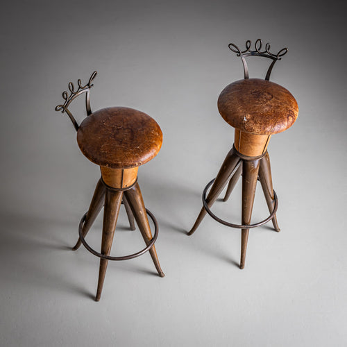 Pair of Leather and Brass Bar Stools, attributed to Bartolucci Arts, Italy, Mid-20th Century