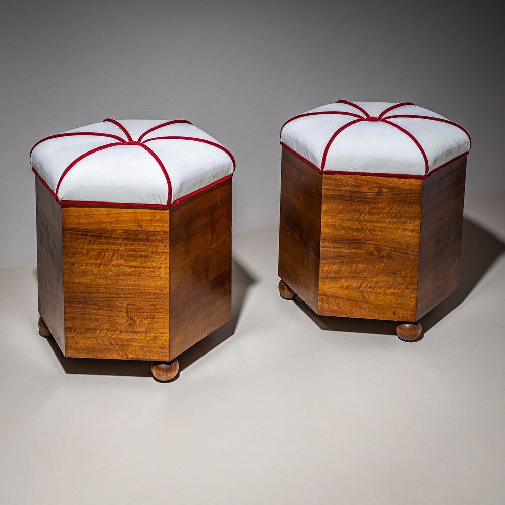 Pair of Hexagonal Art Deco Stools, 1st Half 20th Century