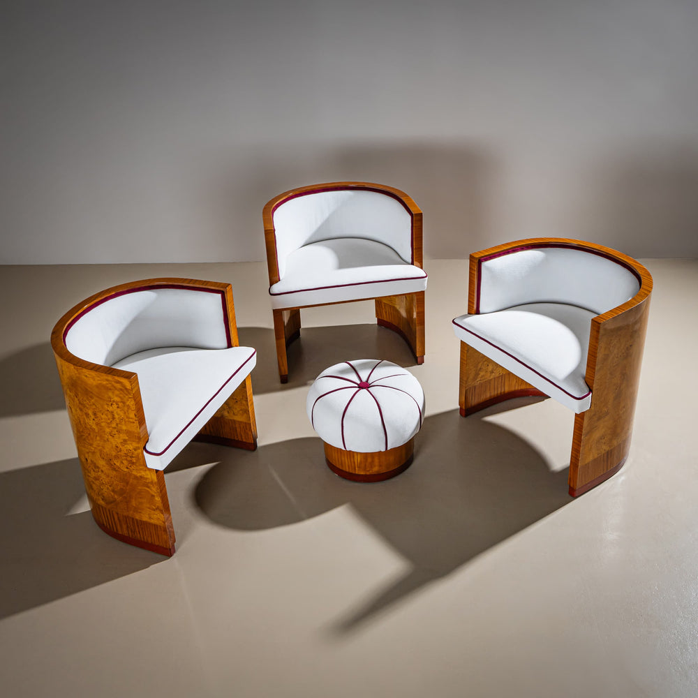 Art Deco Armchairs with Pouf, probably Italy, 1920s