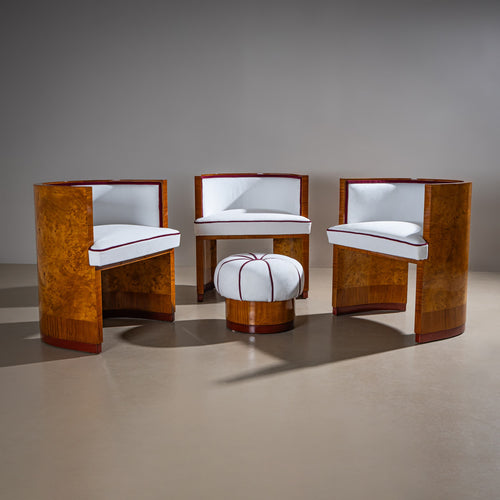 Art Deco Armchairs with Pouf, probably Italy, 1920s