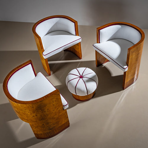 Art Deco Armchairs with Pouf, probably Italy, 1920s