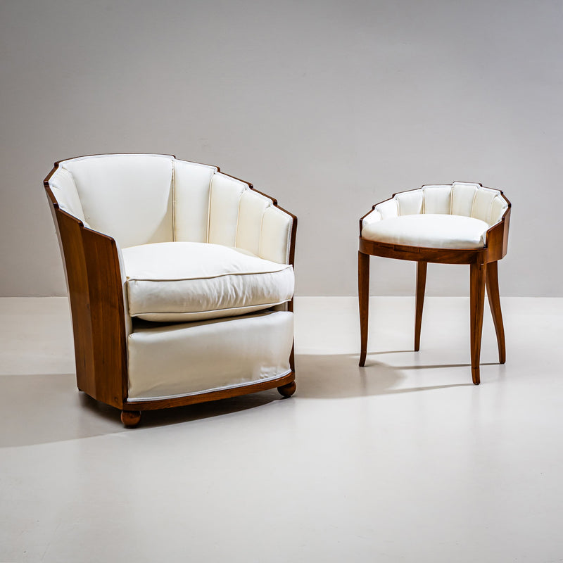 Art Deco Armchair and Stool with Fan-Shaped Silhouette, France, circa 1920