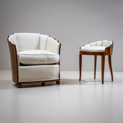 Art Deco Armchair and Stool with Fan-Shaped Silhouette, France, circa 1920