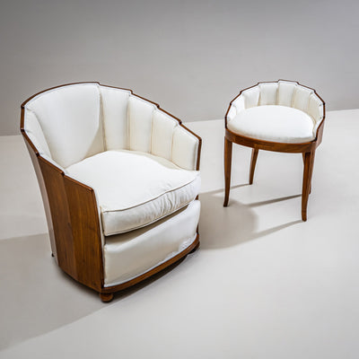 Art Deco Armchair and Stool with Fan-Shaped Silhouette, France, circa 1920
