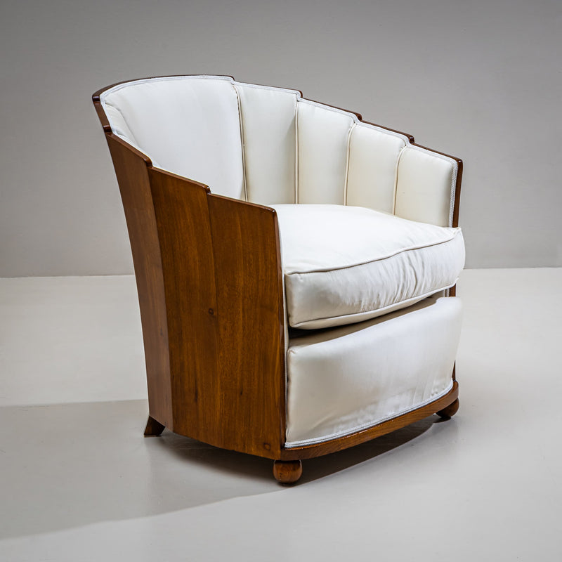 Art Deco Armchair and Stool with Fan-Shaped Silhouette, France, circa 1920