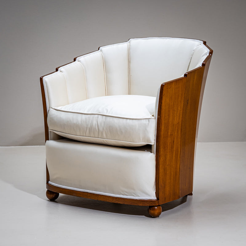 Art Deco Armchair and Stool with Fan-Shaped Silhouette, France, circa 1920
