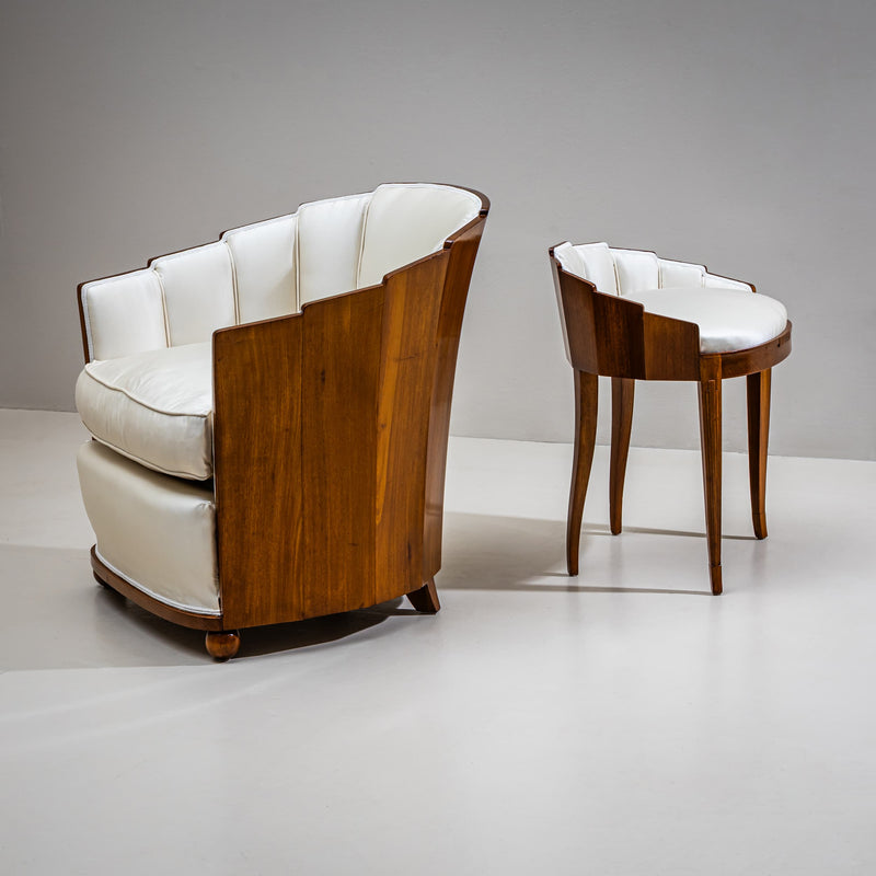 Art Deco Armchair and Stool with Fan-Shaped Silhouette, France, circa 1920