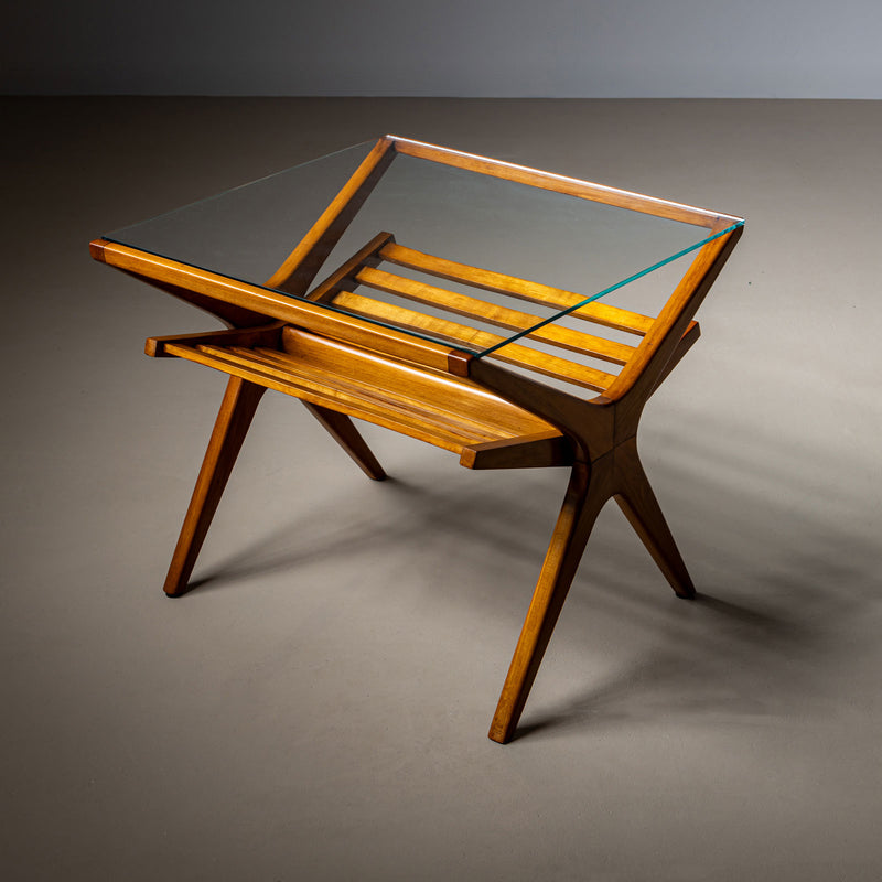 Mid-Century Italian Side Table with Glass Top and Magazine Rack, 1950s