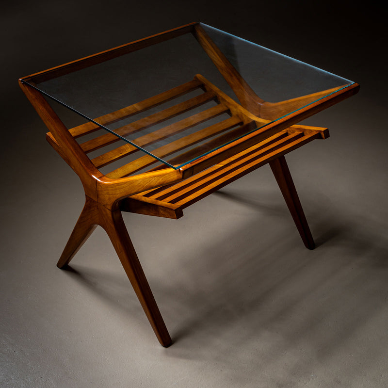 Mid-Century Italian Side Table with Glass Top and Magazine Rack, 1950s