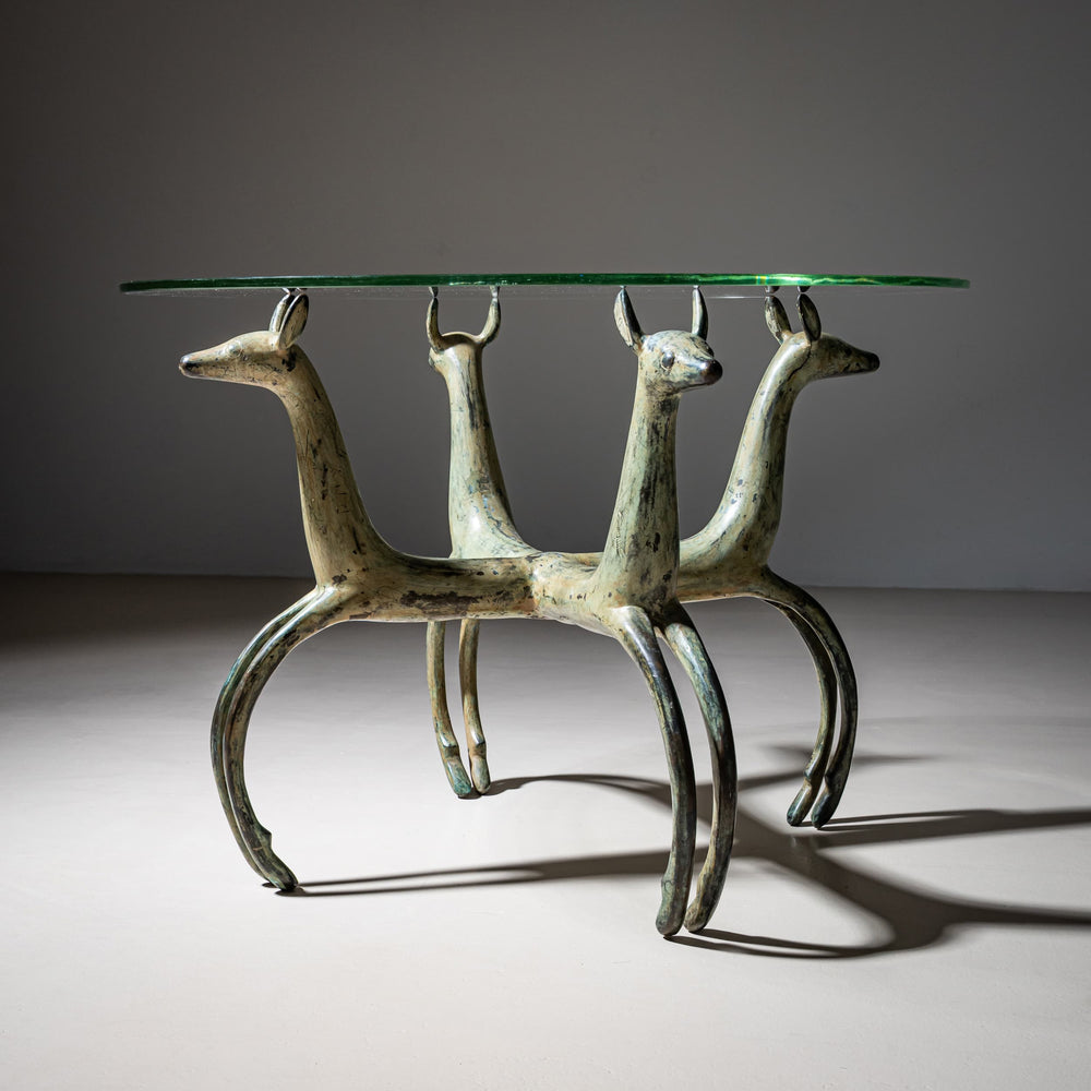 Bronze and Glass Table with Anubis Dogs in the Style of Armand-Albert Rateau, France, Mid-20th Century