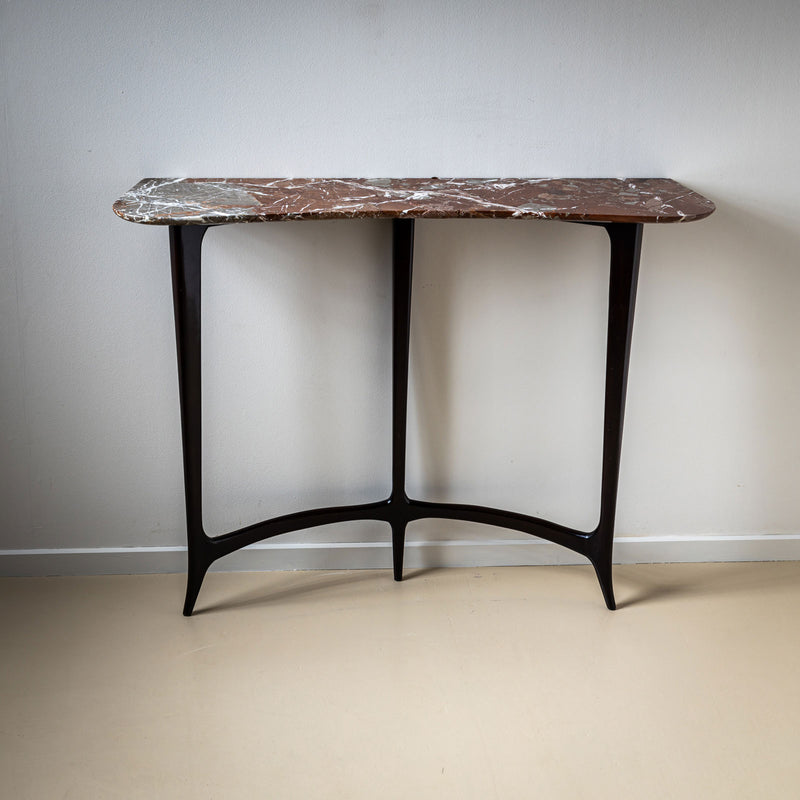 Italian Black Console Table with Red Marble Top, in the Style of Guglielmo Ulrich, 1940s