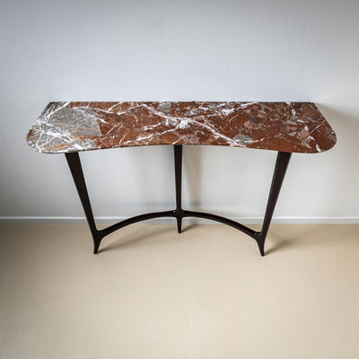 Italian Black Console Table with Red Marble Top, in the Style of Guglielmo Ulrich, 1940s