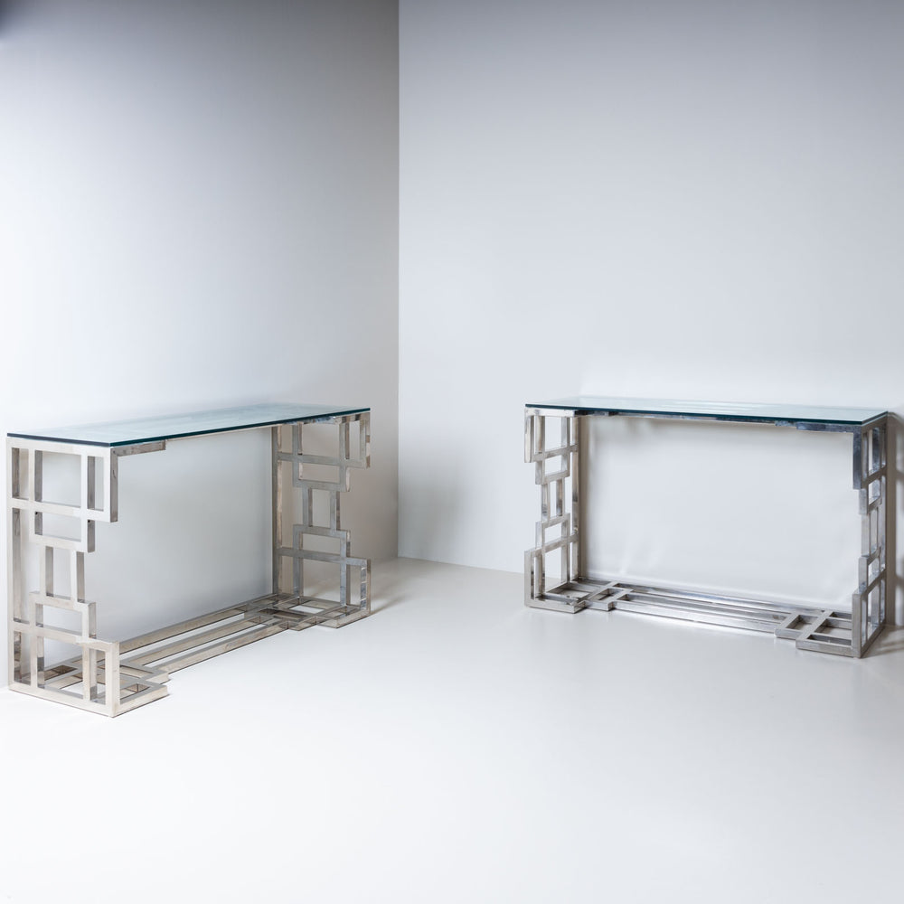 Hollywood Regency Style Metal and Glass Consoles, Probably Italy, 1980s